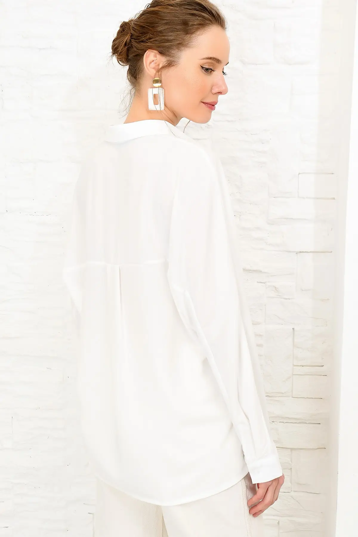 Trend Alacati Style Women So Slits Boyfrıend Crep Shirt DNZ-3166 |