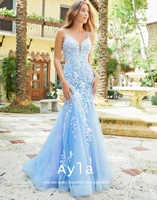 advanced straps lace evening dress luxury mermaid tull sweep train prom gowns gorgeous formal gowns vestidos de novia