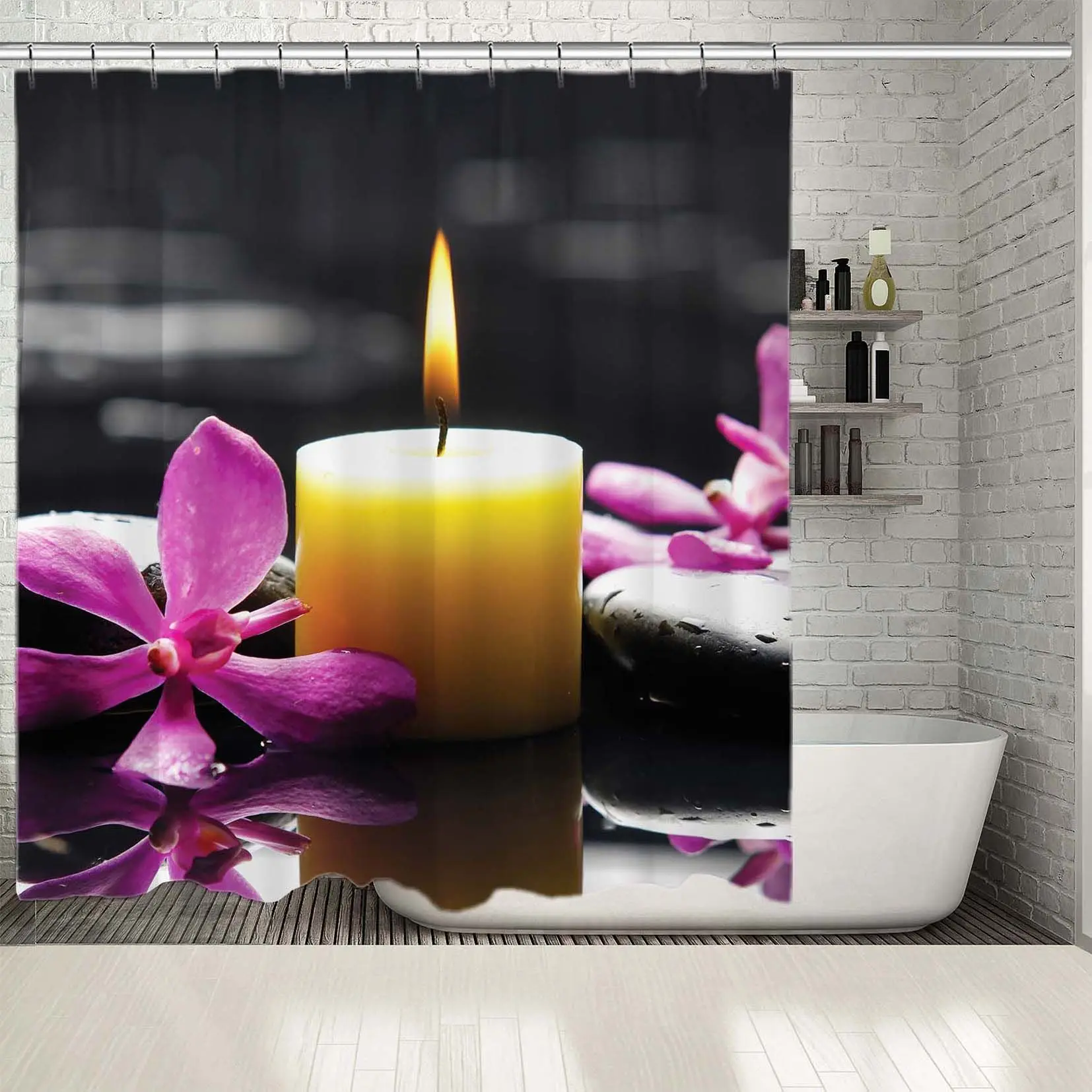 

Shower Curtain with Orchid Candle and Therapy Stones Spa Oriental Nature Relaxing Decoration Yellow Pink Charcoal