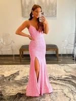 glitter mermaid pink sequins mesh prom dress strapless sleeveless v neck with sequins formal party dress 2022 new
