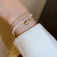 fashion women%e2%80%98s freshwater pearl zircon peanut pendant double chain bracelet for women unique design bracelets jewelry gifts