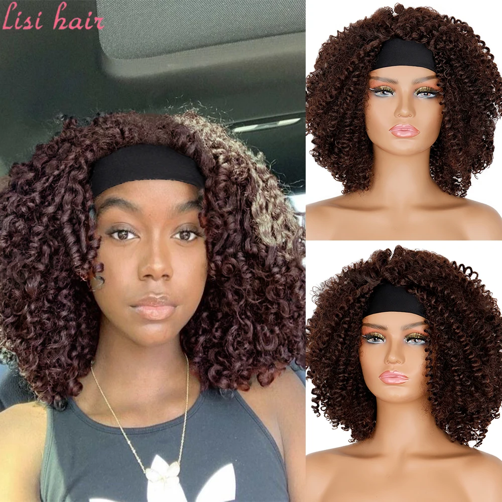 

LISIHAIR Black Women's Short Curly Headband Wig Without Replacement Body Wave Synthetic Headgear Wig 2021 New Fashion
