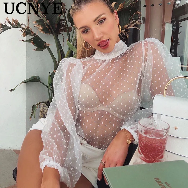 

Ucnye new women mesh lace print polka dot blouse long sleeve see-through crop tops fishnet shirt clubwear high neck blusas 2020