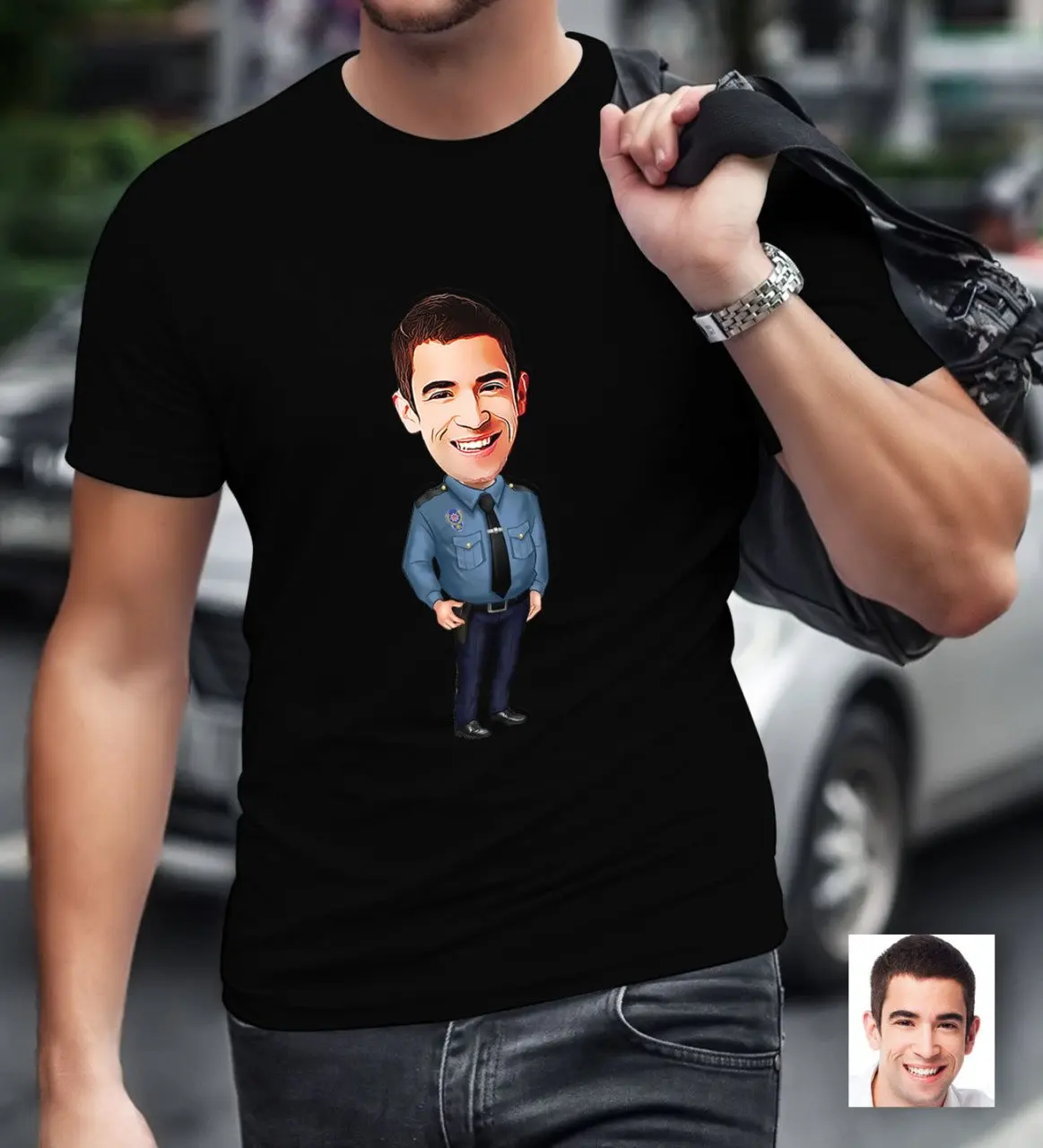 

Персонализированные г-н полиса карикатура черного T-Shirt-3