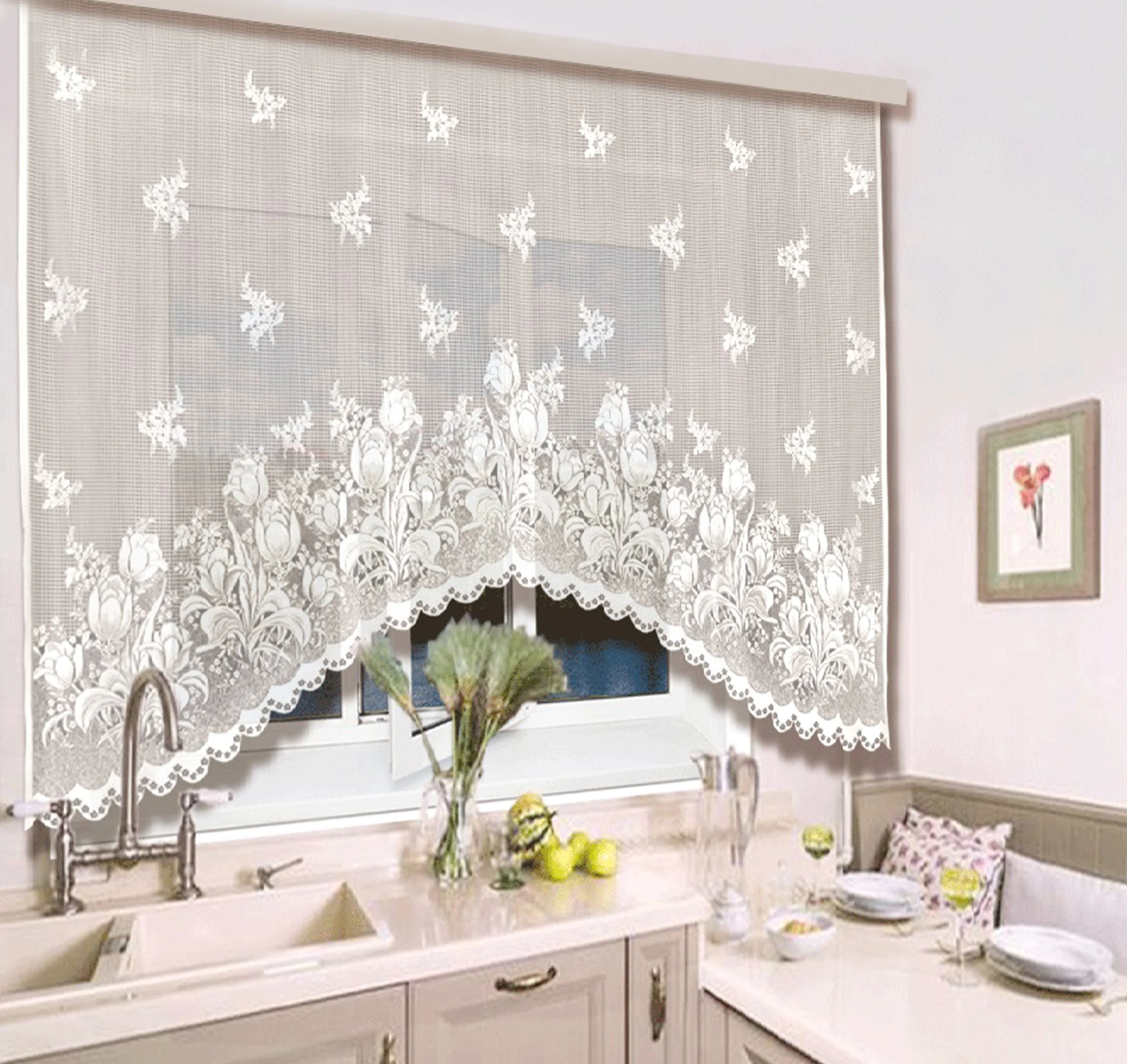 Тюль. Штора. Занавеска белая для кухни детской и других помещений. Романтический