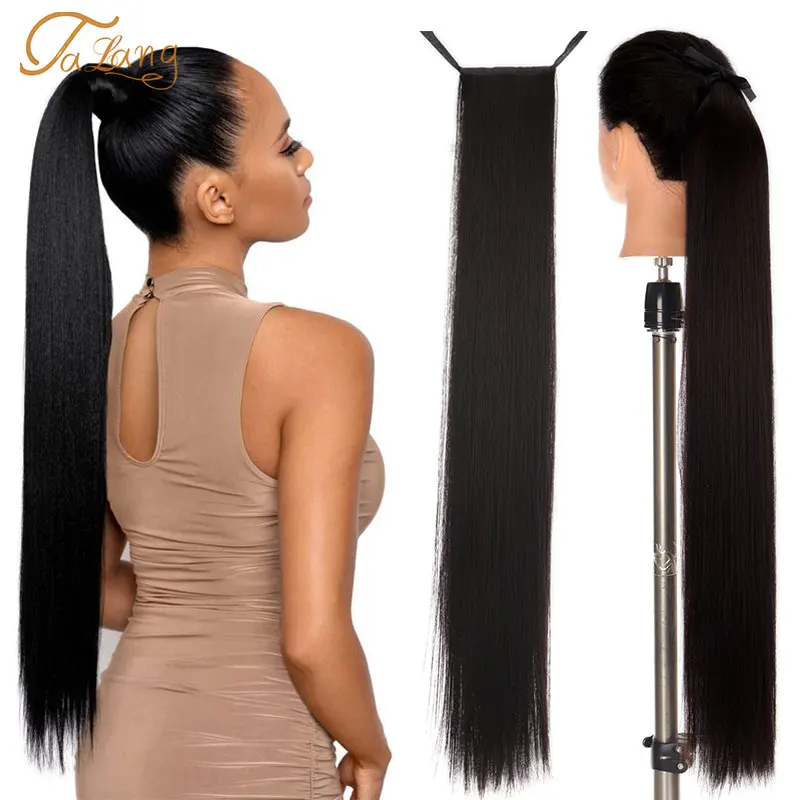 

TALANG Super Long Straight Hair Extension Black 33in Synthetic Hairpieces With Ribbon Drawstring Ponytail