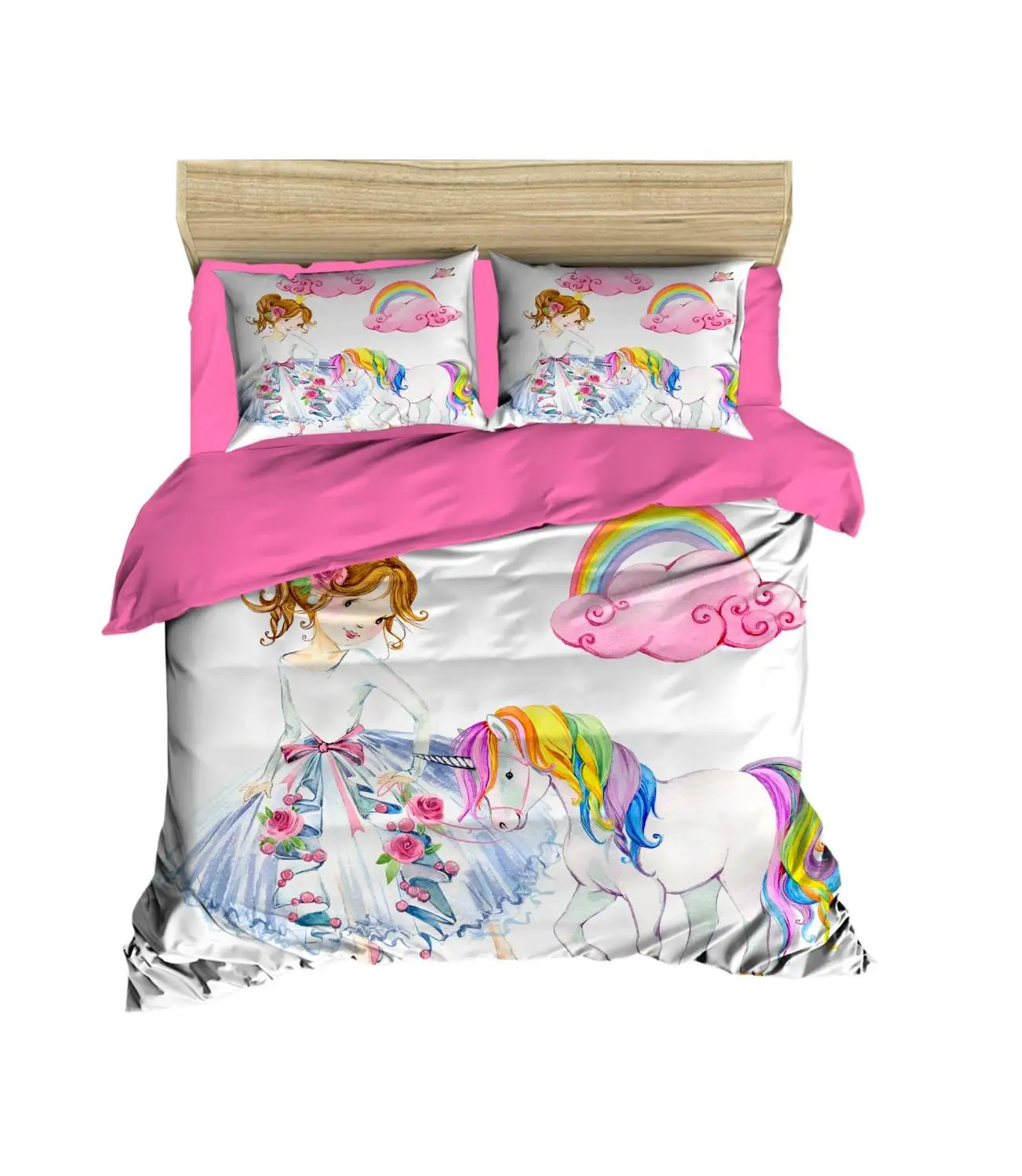 

100% Turkish Cotton Unicorn Bedding Unicorn and Princess Themed 3D Printed Duvet Cover Set, Made in Turkey