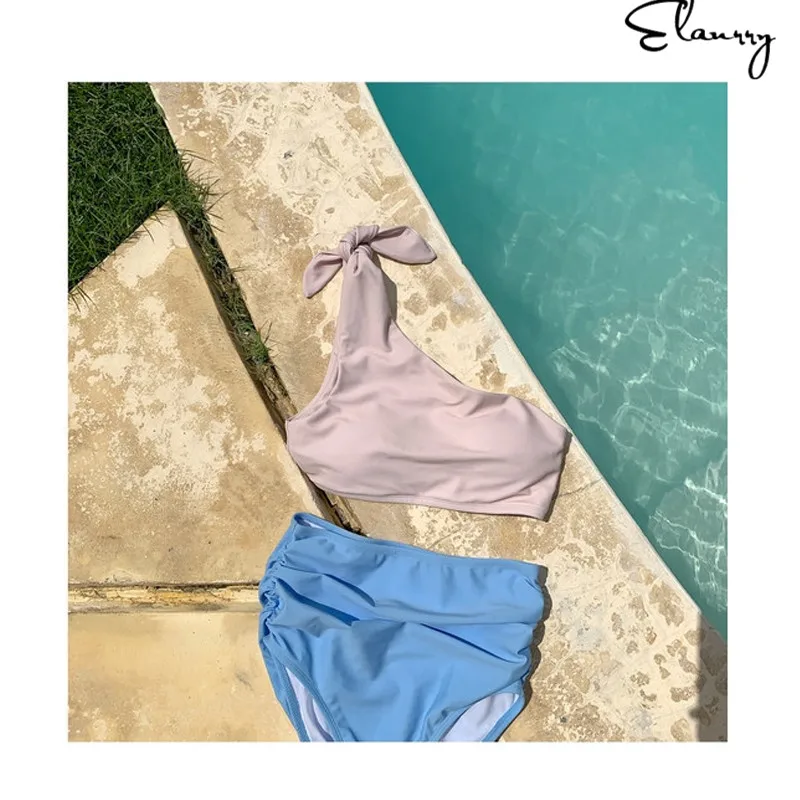 2019 женское сексуальное с завышенной талией бикини Набор одно плечо мягкий