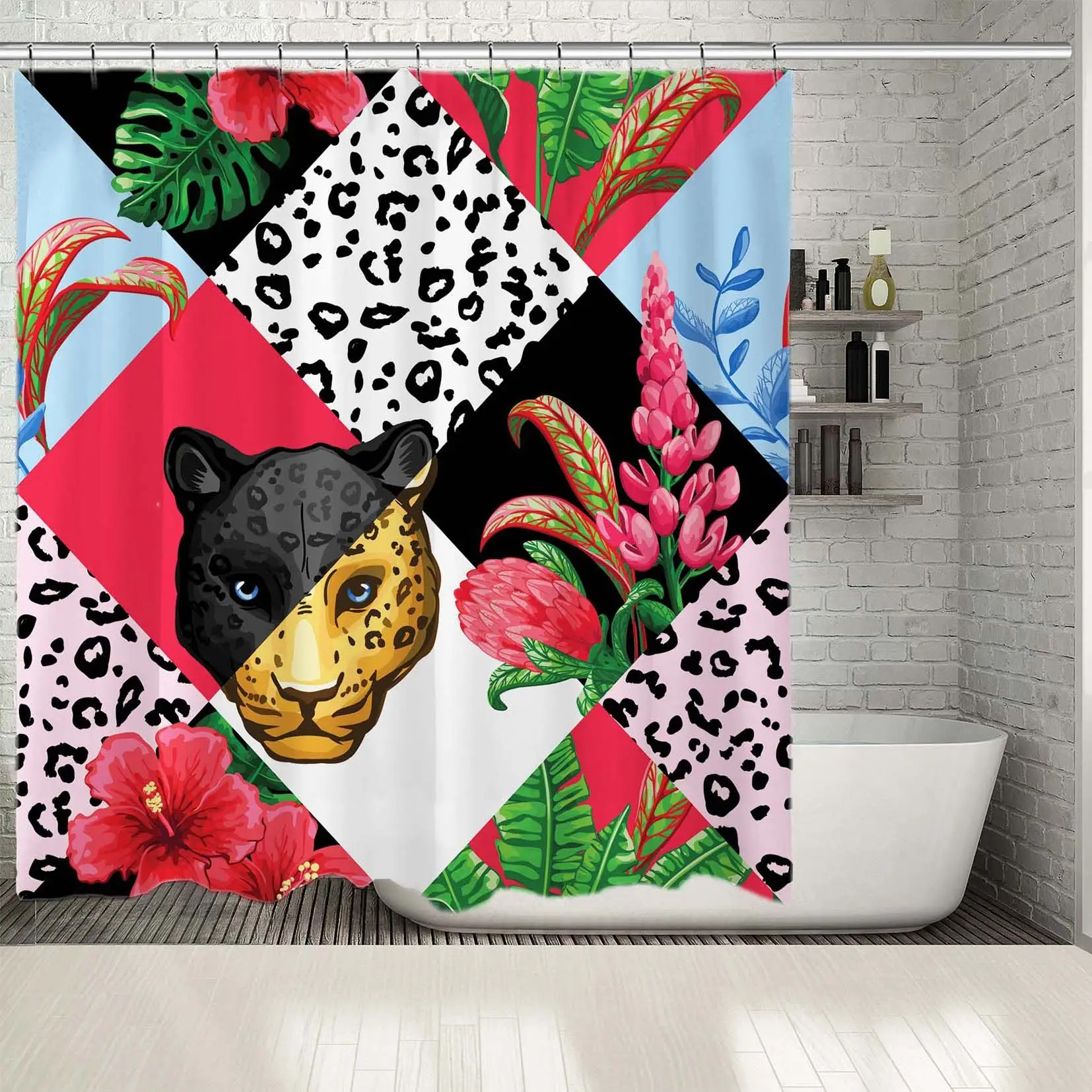 

Shower Curtain Tropical Palm Leaves Exotic Flowers Cheetah Head in Geometric Shapes Colorful Floral Art Red Blue Green Black