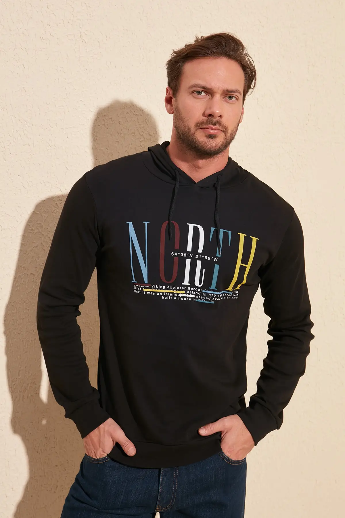 Трендовая Черная мужская толстовка с капюшоном и длинным рукавом из тонкой ткани