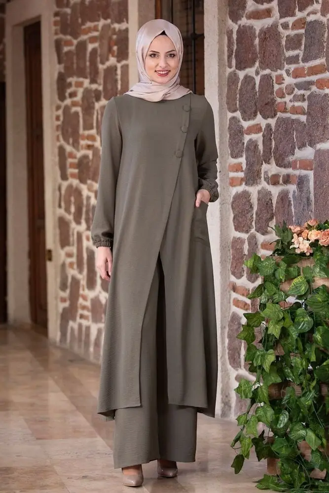 

Khaki color two pieces women dress. Elegant and quality dress. Muslim dress. New season fashion. Made in Turkey. Caftan. Kaftan