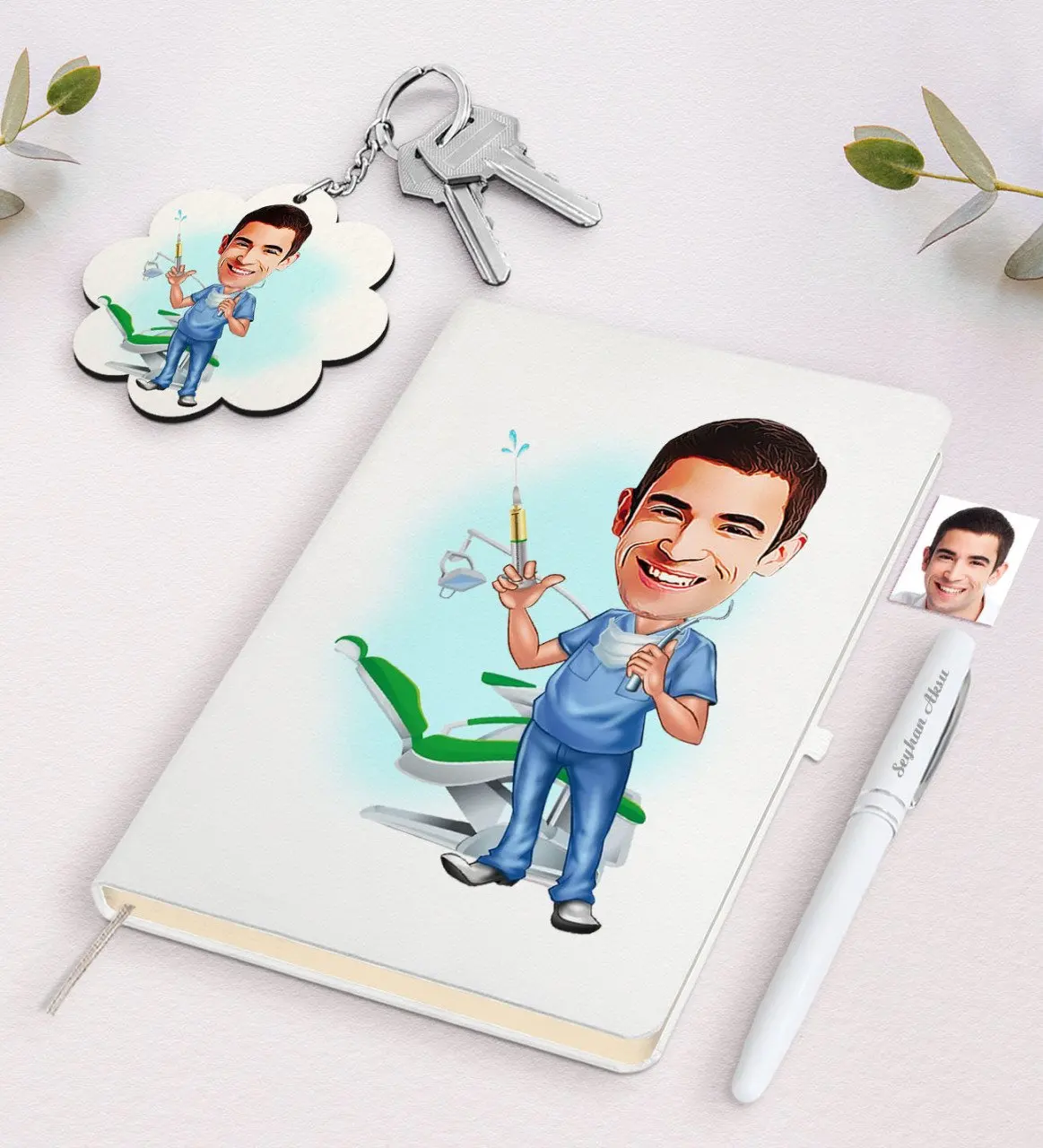 

Personalized Men 'S Dentist Caricature Of White Notebook pen And Keychain Gift Set-4 Reliable Quality Gift Everyday moment