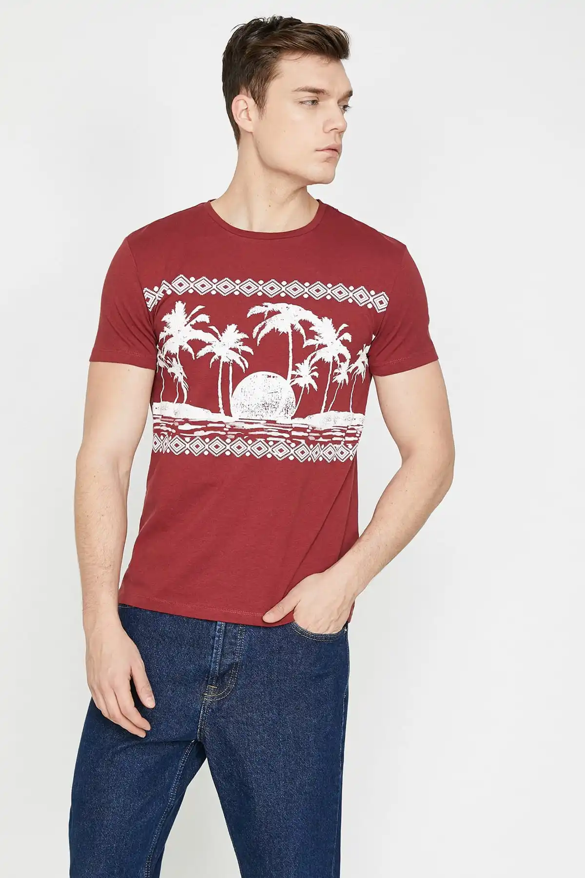 Мужская Бордовая футболка Koton с коротким рукавом и воротником для велосипеда 9