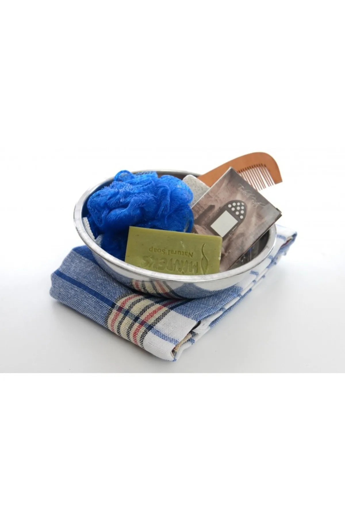 

7 Piece Bath Set 1 Water cap 1 Loincloth 1 Bath Sac 1 Soap 1 Pumice stone 1 Comb 1 Bath Fiber Turkish Hammam Bath Set