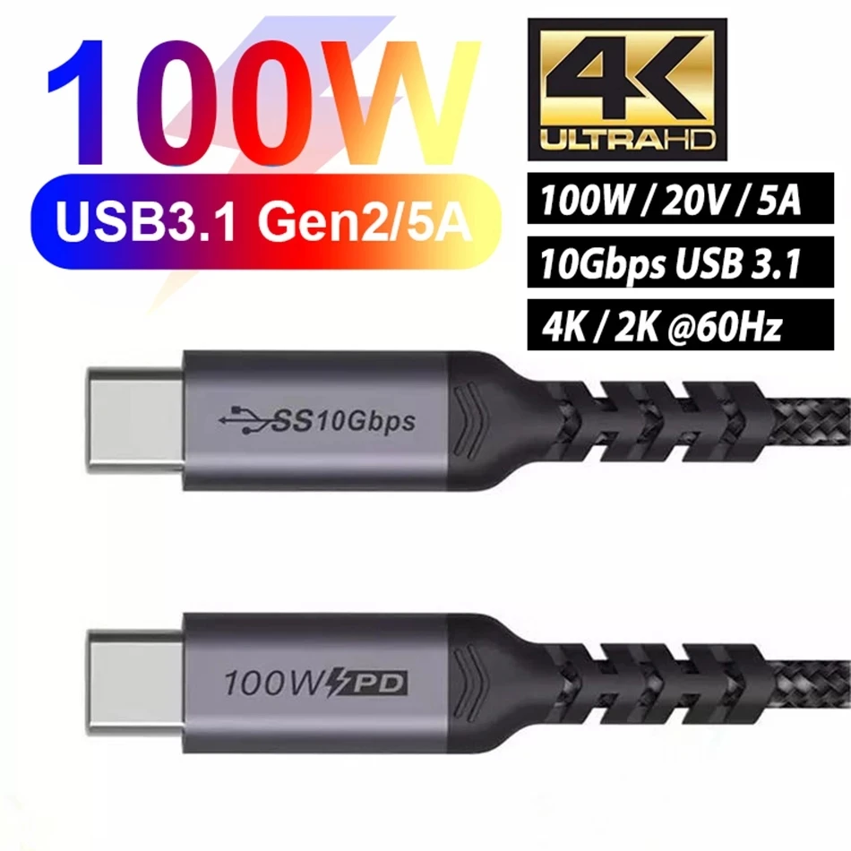 

USB C to Type C 5A PD 100W USB3.1 Gen 2 Fast Charging 4K 10GB data cable For Huawei Xiaomi Samsung S10 Note20 Macbook iPad Pro
