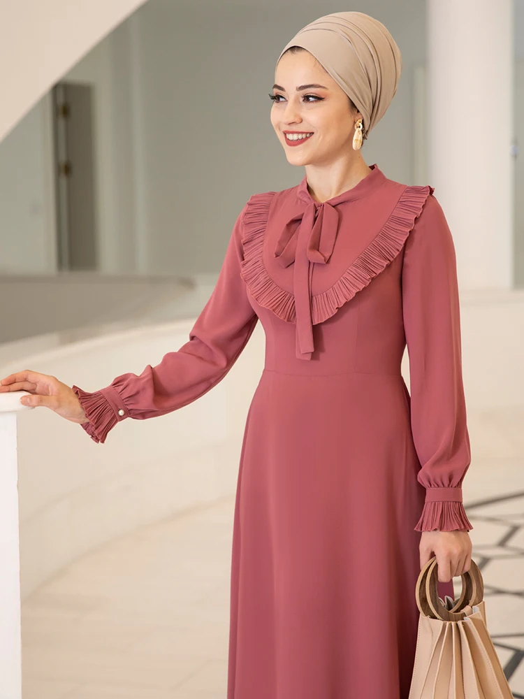 Длинное женское платье-хиджаб с воротником-бантом мусульманская одежда