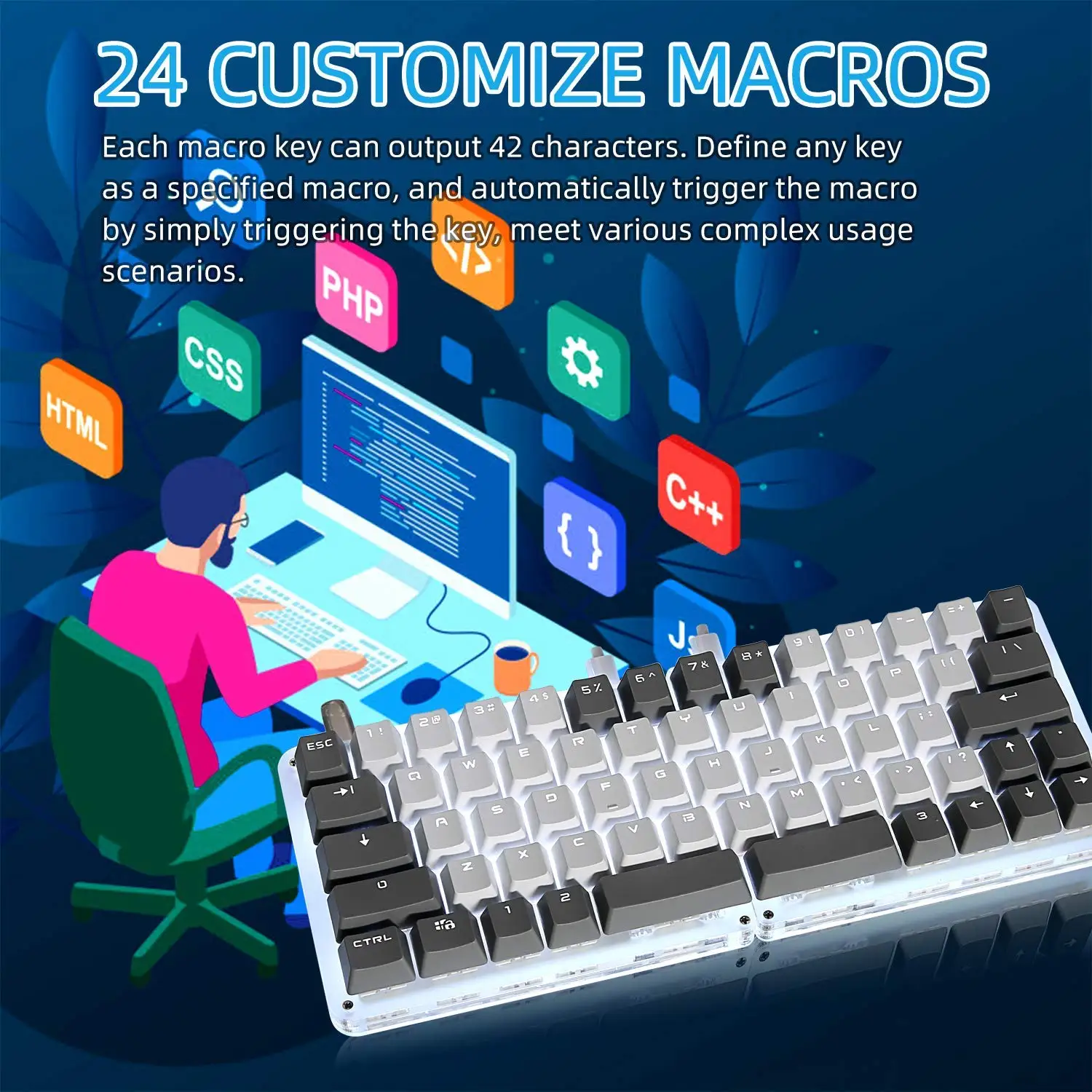 Macro Split Mechanical Keyboard 62 Keys Programmable Ergonomic Gaming Keyboard with OEM Outemu Blue Switches with White Backlit