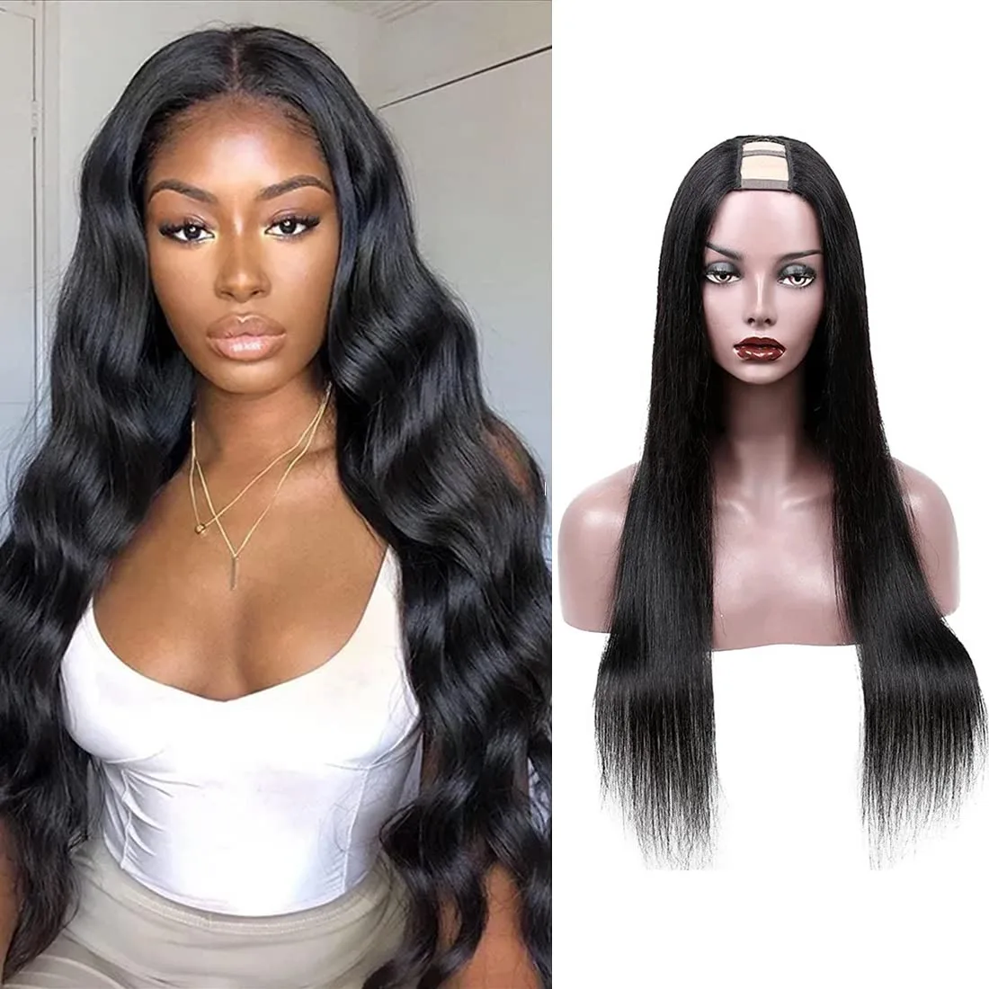 Straight U Part Human Hair Wigs 150% Density Natural Black Brazilian Remy Middle Part Machine Made No Lace Front Wig For Women