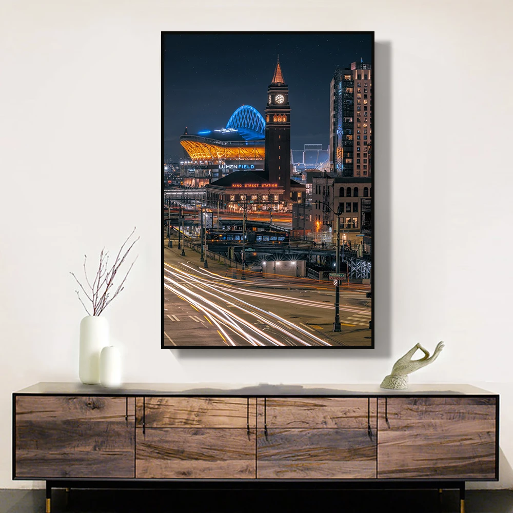 

Seattle Night View King Street and Printed Canvas Painting Modern Street Art Mural Cuadros Picture for Living Room Home Decor