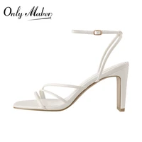 onlymaker womens concise square toe chunky heel narrow strap sandals ankle buckle summer casual party matte white elegant shoe