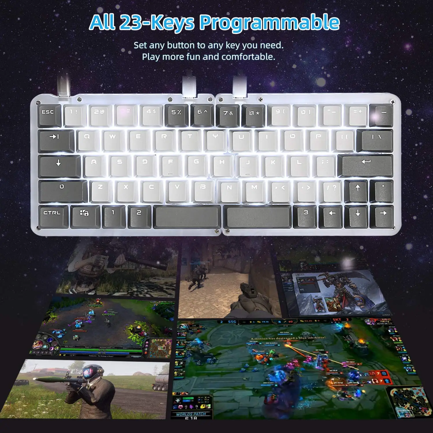 Macro Split Mechanical Keyboard 62 Keys Programmable Ergonomic Gaming Keyboard with OEM Outemu Blue Switches with White Backlit