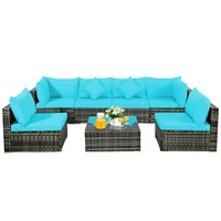 patiojoy 7pcs patio rattan furniture set sectional sofa garden turquoise cushion hw68058tu