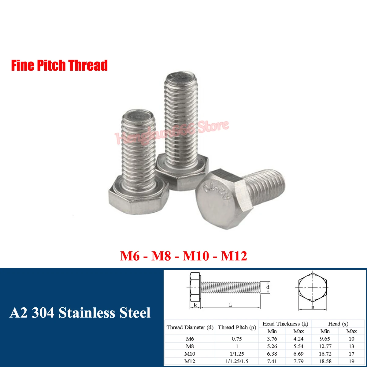 

M6 M8 M10 M12 Fine Thread External Hexagon Head Set Screw Hex Bolts A2 304 Stainless Steel Pitch 0.75/1/1.25/1.5mm