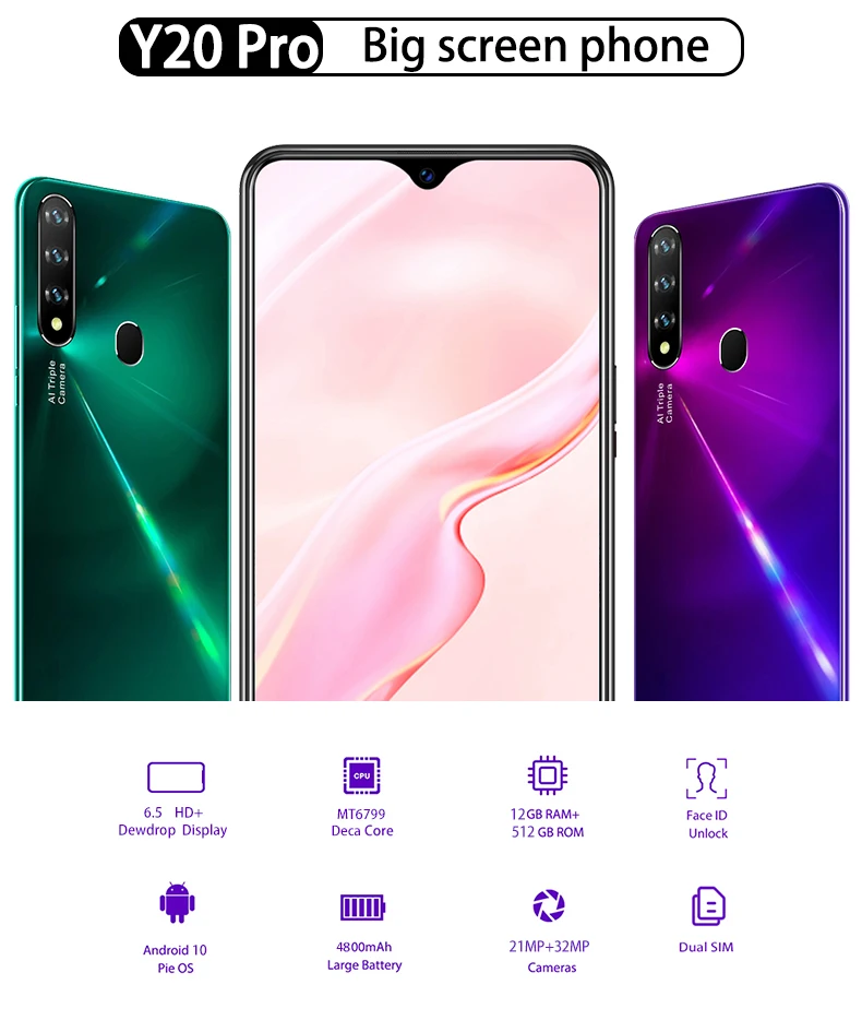

Y20 Pro 6.5 Inch Android Smartphones MTK-6799 10-Core 5G LET Cellphones 12GB+512GB Face ID Dual SIM Card Mobile Phone With Gift