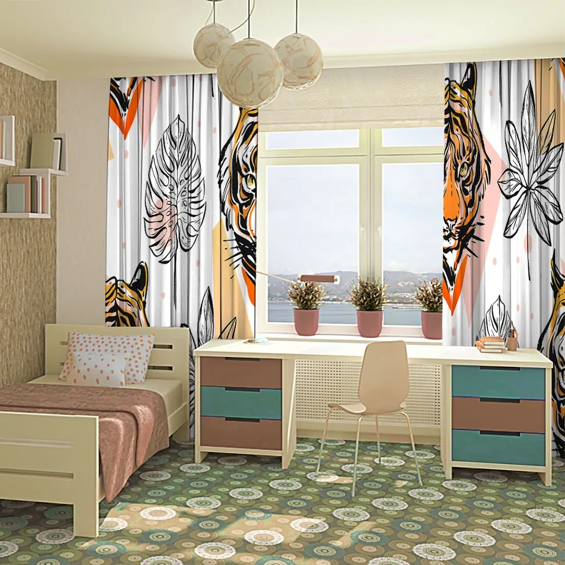 Занавеска с тигром и тропическим растением листья экзотические дикие животные