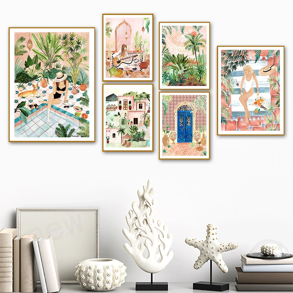 

Nordic Moroccan Travel Canvas Posters Fashion Girl Swimming Pool Abstract Plant Wall Art Print Painting Bedroom Decor Pictures
