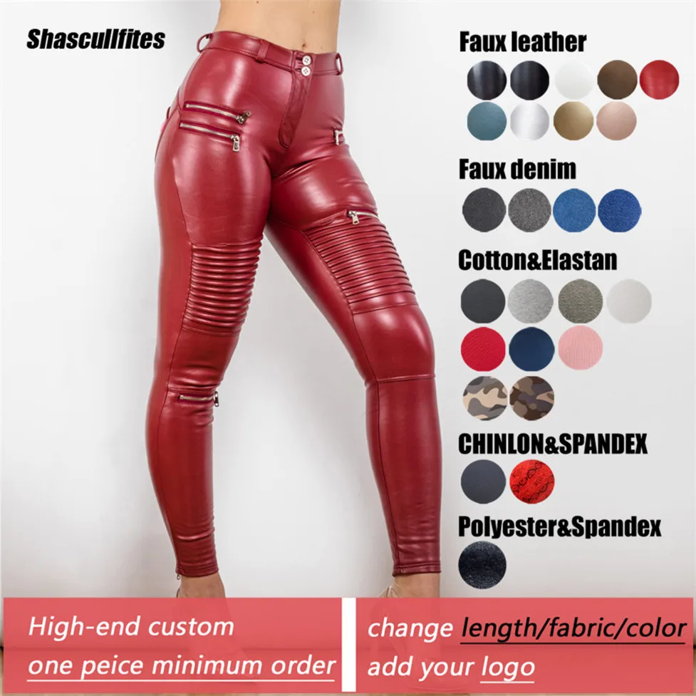 Shascullfites Tailored Red Faux Leather Trousers Womens Pu Leather Pants With Zippers Pleated Motorcycle Punk Clothing