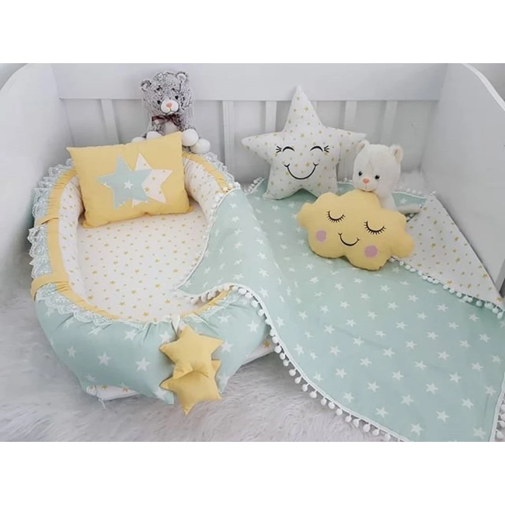 Jaju Baby Handmade Yellow and Green Star Pompom Pike Luxury Orthopedic Babynest and 5 Piece Bedding Set Mother Side Portable Bed