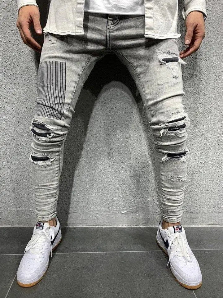 

Premium Ice Gray Wash Patched nd Distressed Slim Fit Mens Jeans