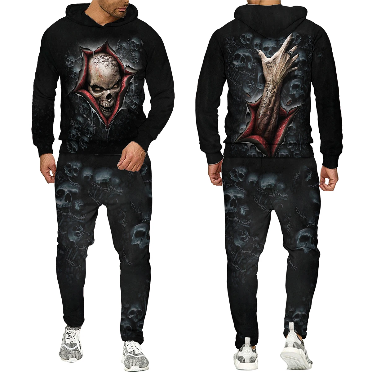 

Autumn Winter Men Tracksuit 2 Piece Set Gothic Style Skull Sweatpants and Hoodie Set Punk Men's Clothing Suit Halloween Costume