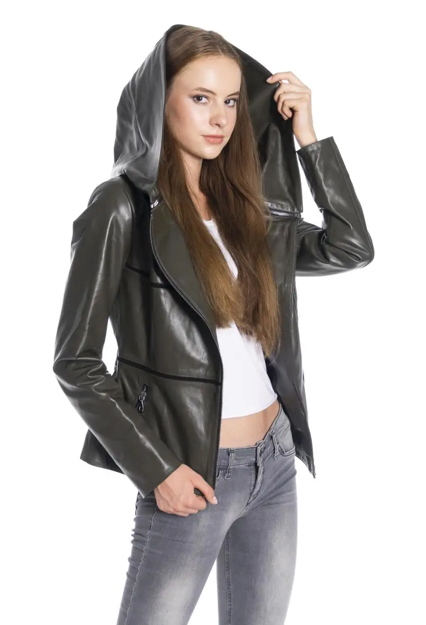 Women Leather Jacket Genuine Real Leather Jacket leather Coat lambskin coat Female Jacket hooded leather jacket Women's khaki