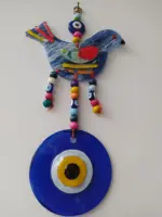 Glass Bird Connected to BigEvil Eyes Fused Glass Bead Pendant Turkish Handmade Amulet Wall Hanging Boho Home Decor Ojo Turco