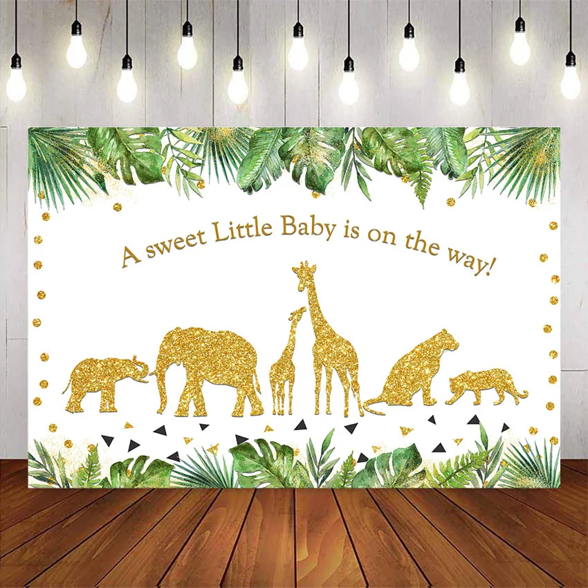

Safari Baby Shower Backdrop Golden Glitter Animals Watercolor Plam Tress Baby Shower Background for Photography Jungle baby