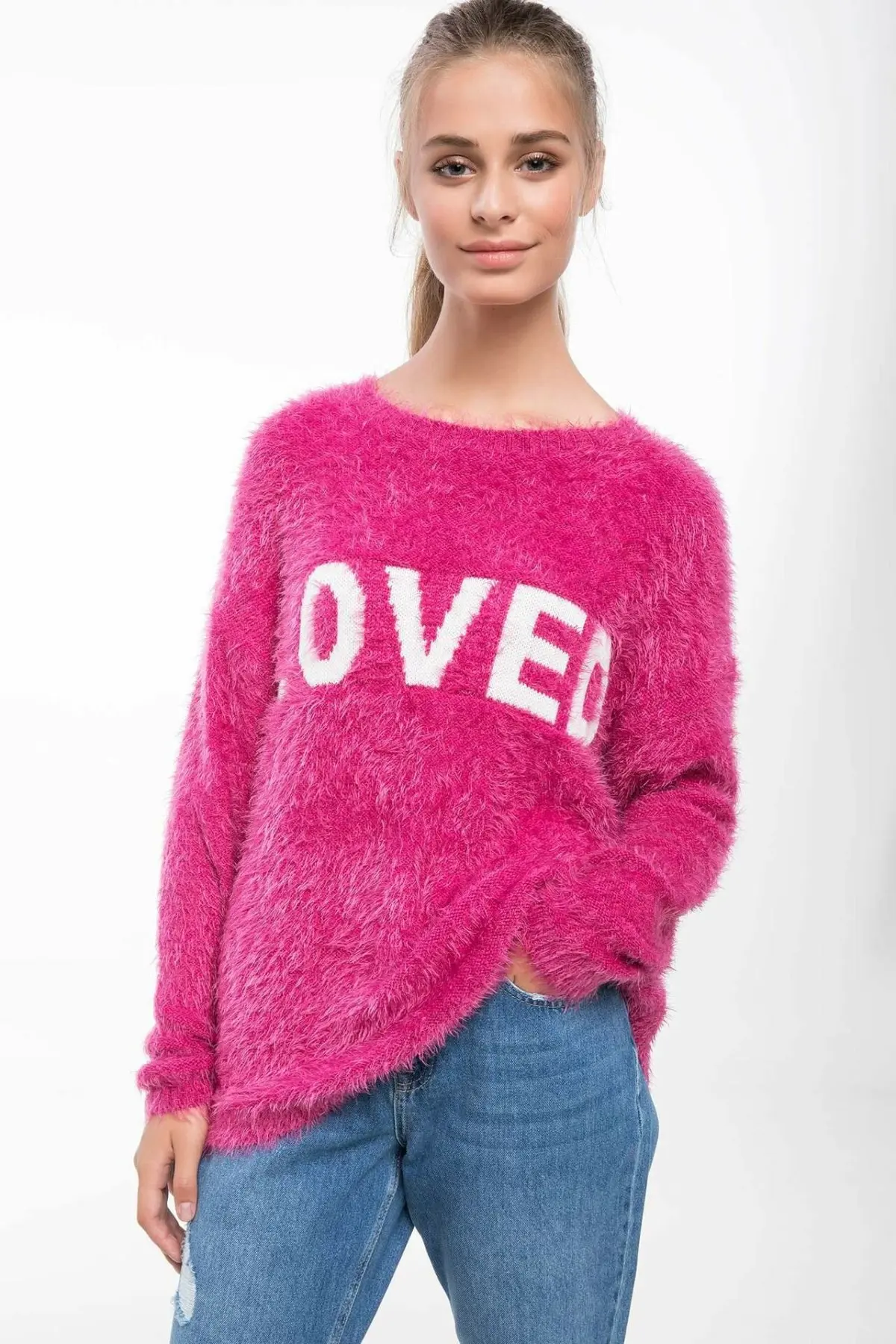 Женские теплые пуловеры DeFacto из мохера с круглым вырезом модные надписью Love на