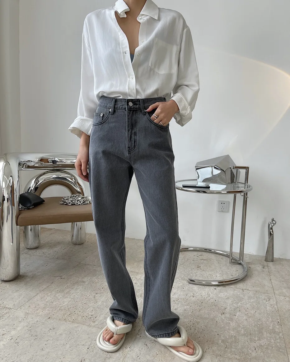 spring woman straight stretch grey long jeans