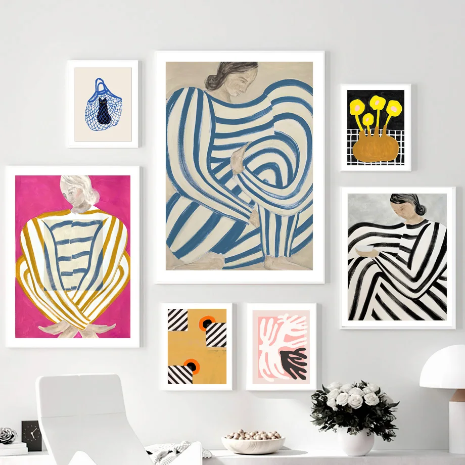 Ретро абстрактные линии юбка Девушка коралл цветок Кот стена искусство холст