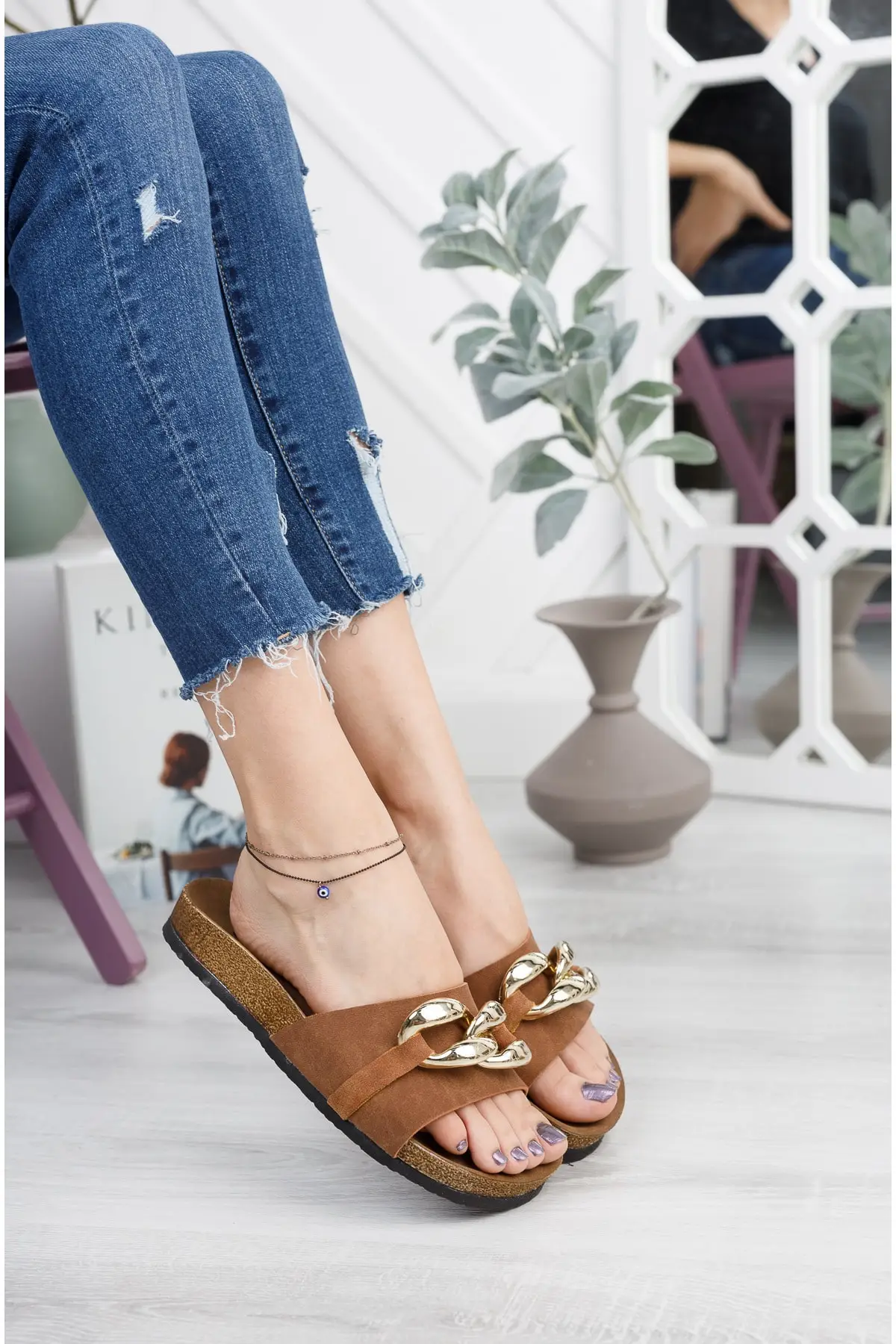 

2021 summer fashion Tan Buckle Slippers ZİNCİRLİ-SLIPPERS