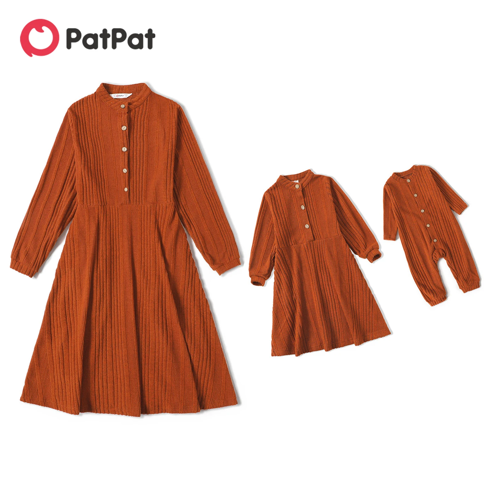 

PatPat Solid Ribbed Long-sleeve Button Down Dress for Mom and Me