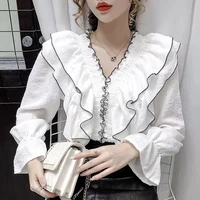 2022 spring and summer korean version of the new ruffled v neck long sleeved chiffon shirt bell sleeved pullover top