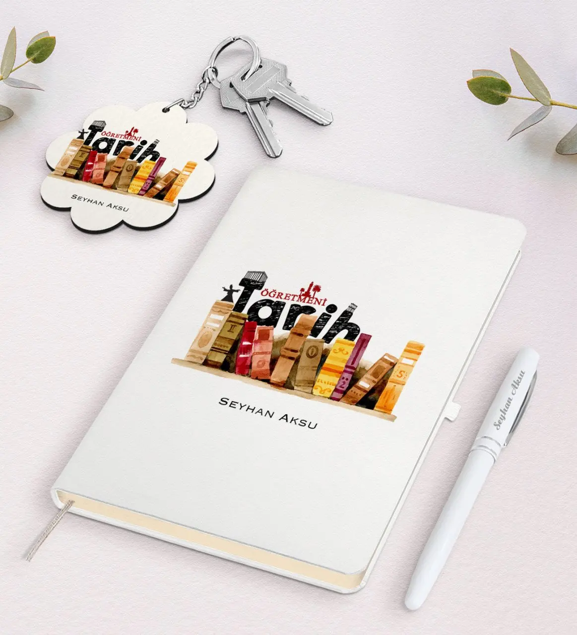 

Personalized History Teacher White Notebook Pen and Keychain Gift Seti-2