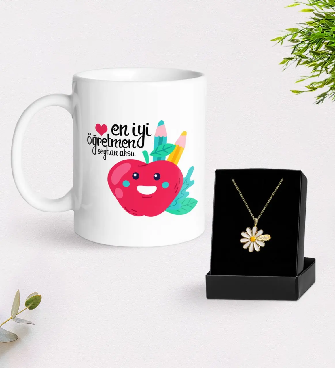 

Personalized Best Teacher Mug And Daisy Necklace Gift Seti-11