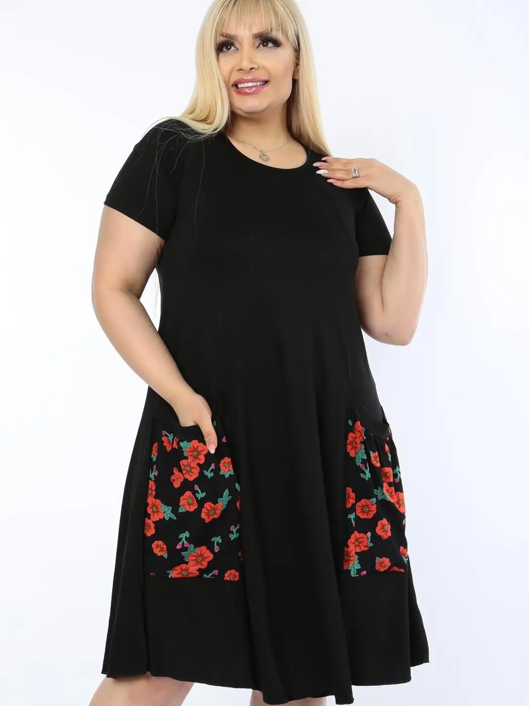 Plus Size Women Clothing 2022 Summer High Street Fashion with Pockets Rose Knee-Length Lycra Knitted Viscose Made in Turkey