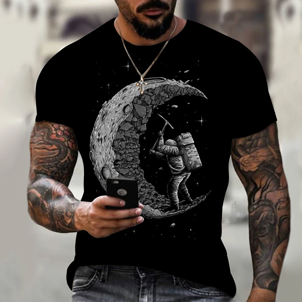 

New men's T-shirt Oversized wide loose clothes short sleeves fashion 3D printing on the Moon oversized O collar T-shirt