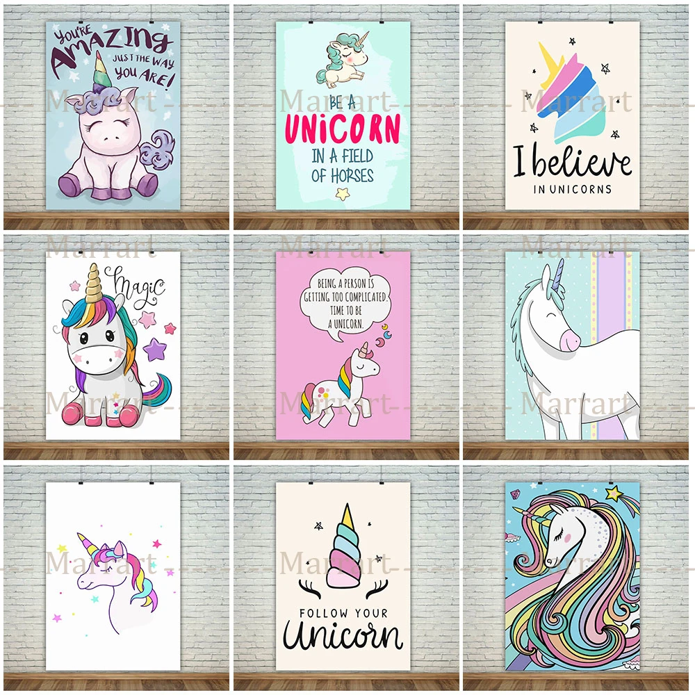 

Rainbow Unicorn Cute Cartoon Nursery Poster And Print Baby Girl Room Gift Wall Art Canvas Painting For Kid's Room Decoration