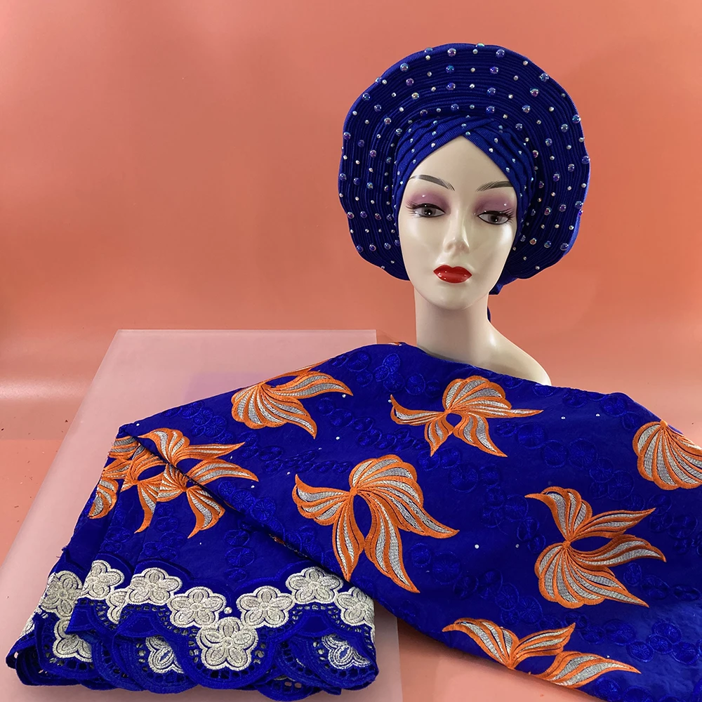 

Royal Blue Shining Stones Luxury Beaded Auto Gele Headtie Turban Scarf And African Swiss Voile Lace Fabric Embroidery Dry Dress
