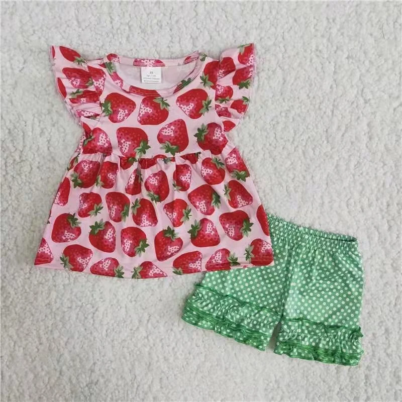 

wholesale boutique baby clothe set baby girl summer infant toddler clothing flutter sleeve strawberry top polka dots shorts set
